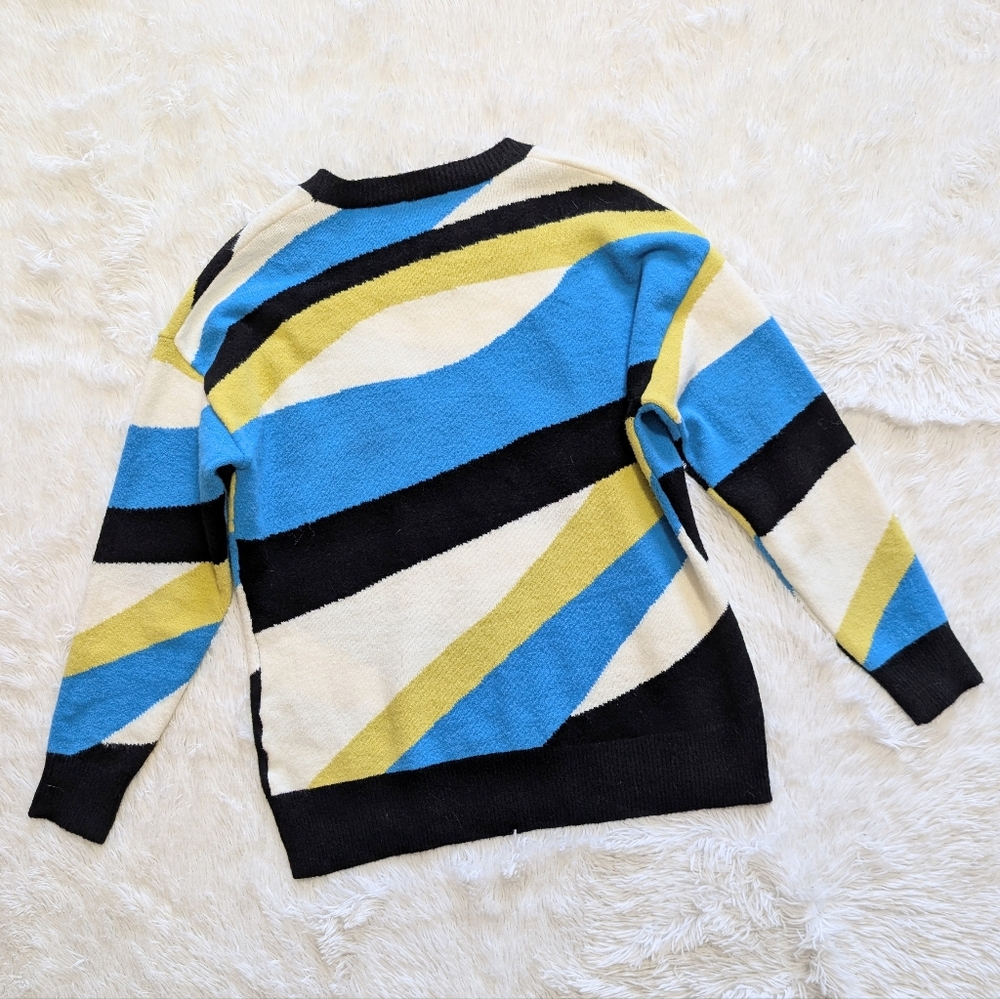 Alison Sheri Abstract Striped Acrylic Sweater Black/Blue/Lime/White Size Medium - Picture 5 of 10